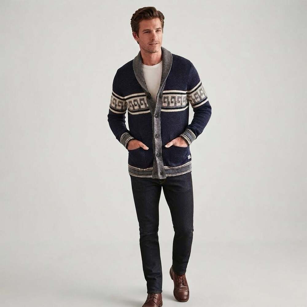 Lucky Brand Men's Indigo Blue Shawl Collar Cardigan Sweater Geometric Pattern